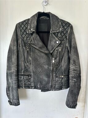 All Saints Vintage Cargo Biker Leather Jacket Intentionally Distressed Size 6